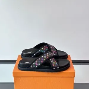 LV Men Black Multicolor Canvas Slides