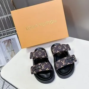 LV Women Black Brown Patterned Fabric Sandals