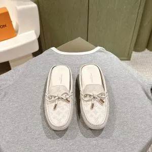 LV Women White Leather Mules