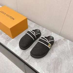 LV Women Black Felt Leather Trim Mules