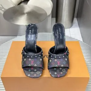 LV Women Black Leather Multicolor Logo Mules