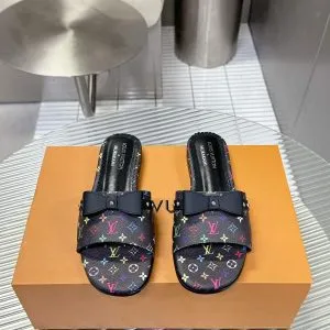 LV Women Black Patterned Leather Bow Slide Sandals