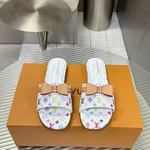 LV Women White Leather Multicolor Monogram Mules