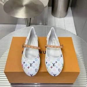 LV Women White Canvas Multicolor Print Leather Strap Flats