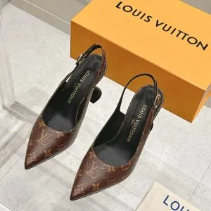 LV Women Brown Leather Patterned Slingback Heels