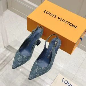 LV Women Blue Denim Leather Trim Slingback Heels