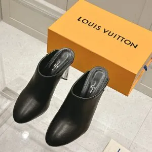 LV Women Black Leather Mules Heels