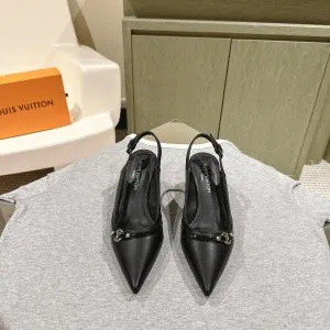 LV Women Black Leather Slingback Heels