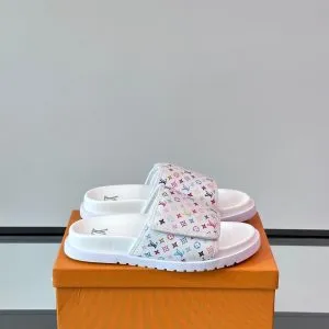 LV Men White Patterned Leather Slides