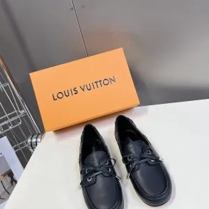 LV Women Black Leather Loafers