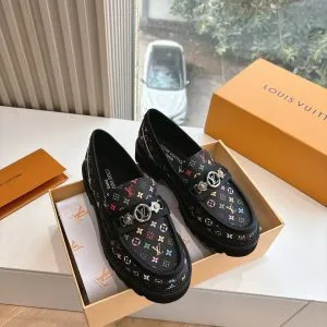 LV Women Black Patterned Leather Loafers