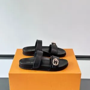 LV Men Black Leather Slides