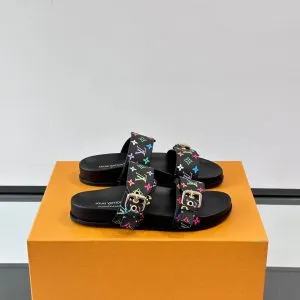 LV Men Black Leather Multicolor Monogram Slides