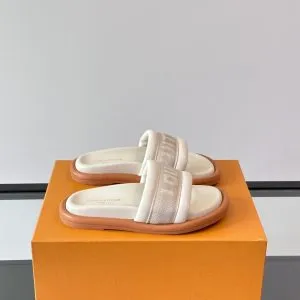 LV Men Beige Fabric Slides With Brown Sole