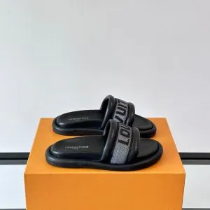 LV Men Black Fabric Strap Slide Sandals