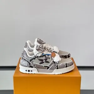 LV Men Grey Snake Print Leather Sneakers
