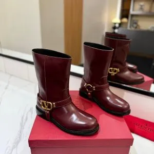 Valentino Women Burgundy Leather Mid-Calf Boots