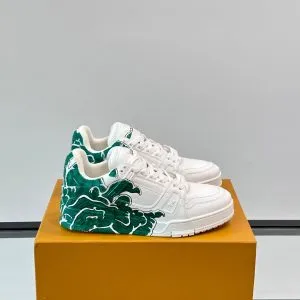 LV Men White Leather Sneakers With Green Graphic