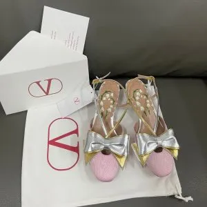 Valentino Women Pink And Gold Leather Flats