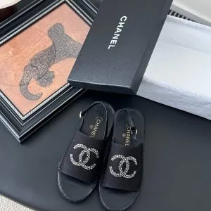 Chanel Women Black Fabric Logo Embellished Sandals