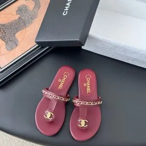 Chanel Women Burgundy Leather Chain Detail Slides