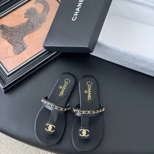 Chanel Women Black Leather Chain Detail Sandals