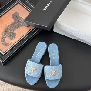 Chanel Women Light Blue Quilted Fabric Slides
