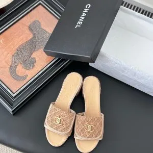 Chanel Women Beige Fabric Mules Slides