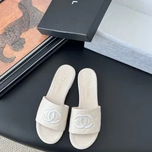 Chanel Women Cream Quilted Leather Slides