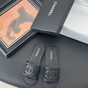 Chanel Women Black Leather Logo Slide Sandals