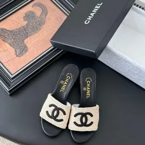 Chanel Women Beige Woven Fabric Black Leather Slides