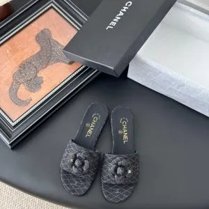 Chanel Women Black Quilted Fabric Slides