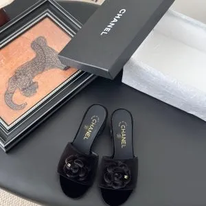 Chanel Women Black Velvet Flower Embellished Mules