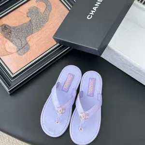 Chanel Women Light Purple Leather Slides