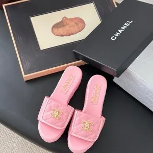 Chanel Women Pink Quilted Leather Slides