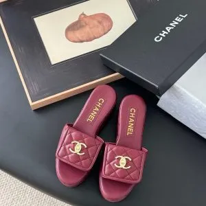 Chanel Women Burgundy Quilted Leather Slides