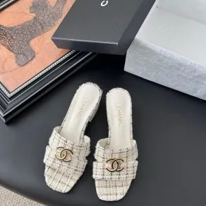 Chanel Women Cream Tweed Slides