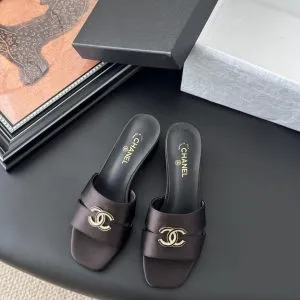 Chanel Women Dark Brown Satin Mules