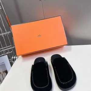Hermes Women Black Suede Slippers