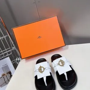 Hermes Women White Leather Black Sole Sandals