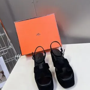 Hermes Women Black Suede Slingback Sandals