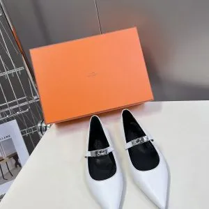 Hermes Women White Leather Pointed Mary Jane Flats