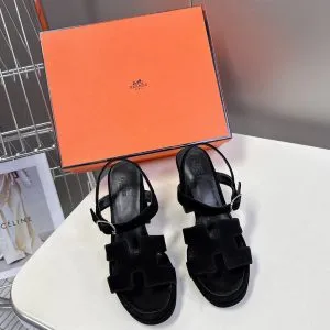 Hermes Women Black Suede Sandals