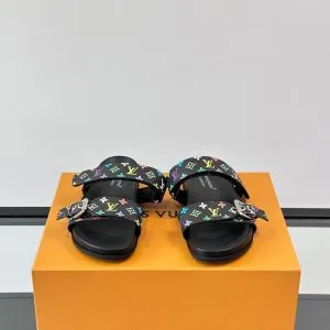 LV Men Black Multicolor Canvas Straps Sandals