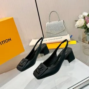 LV Women Black Leather Slingback Heels