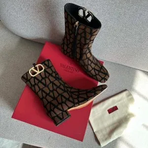 Valentino Women Brown Fabric Logo Pattern Boots