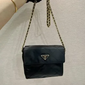 LARGE QUILTED FLAP BAG 23 IN BLACK RE-NYLON FABRIC GOLD CHAIN