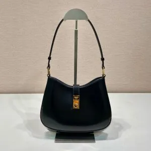PRADA CLEO SHOULDER BAG 22 IN BLACK BRUSHED LAMBSKIN WITH CLASP CLOSURE