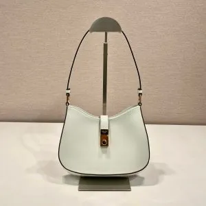PRADA CLEO SHOULDER BAG 22 IN WHITE BRUSHED LAMBSKIN WITH CLASP CLOSURE