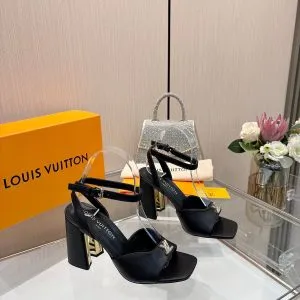 LV Women Black Leather Heels